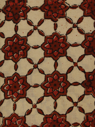 Red Beige Hand Block Printed Cotton Cambric Fabric Per Meter - F0916387