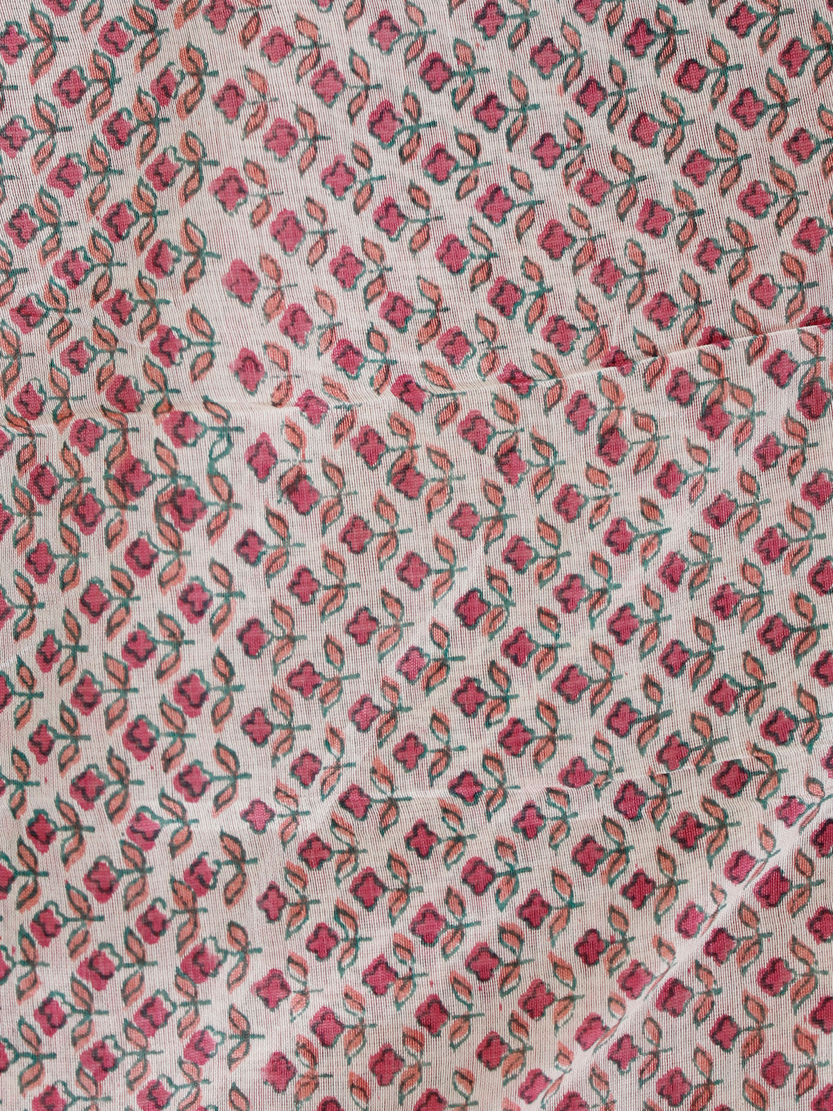 Ivory Pink Green Hand Block Printed Chanderi Fabric Per Meter - F001F1903