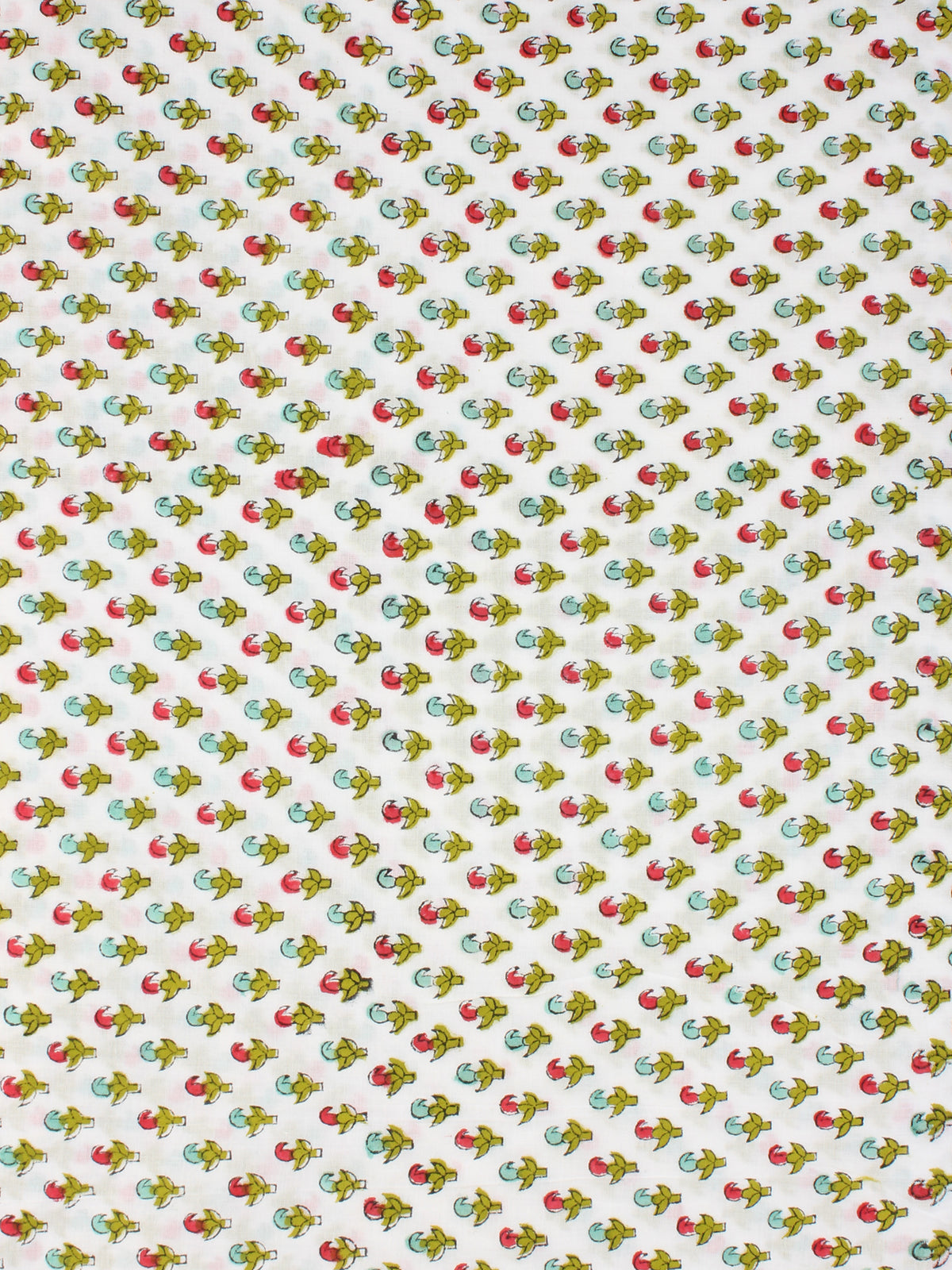 OffWhite Red Green Hand Block Printed Cotton Fabric Per Meter - F001F2346