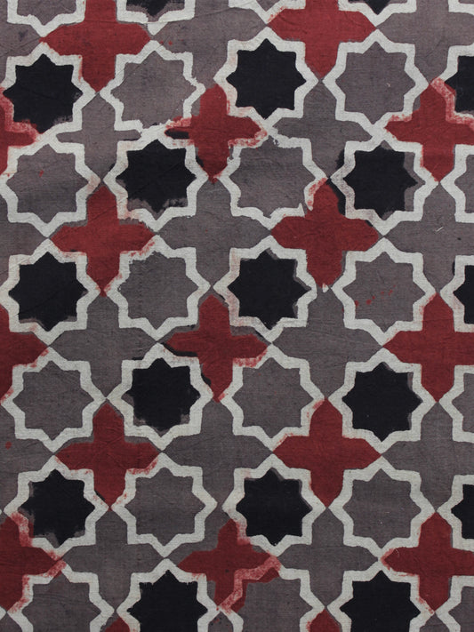Brown Red Black Ajrakh Printed Cotton Fabric Per Meter - F003F1165