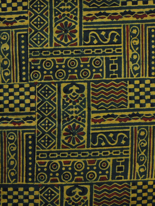 Green Yellow Maroon Ajrakh Hand Block Printed Cotton Blouse Fabric - BPA009