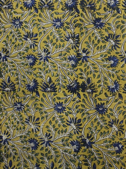 Mustard Yellow Ivory Blue Hand Block Printed Cotton Fabric Per Meter - F003F1309