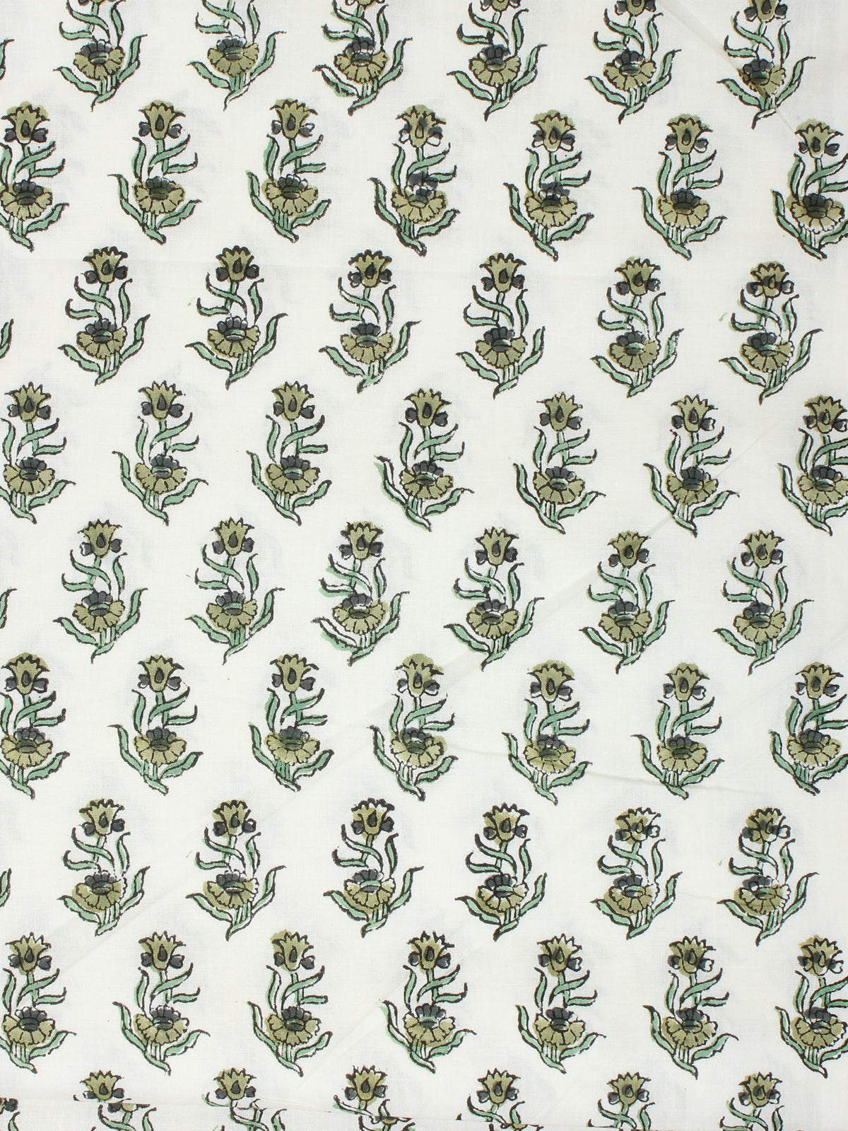 White Green Hand Block Printed Cotton Fabric Per Meter - F001F2273