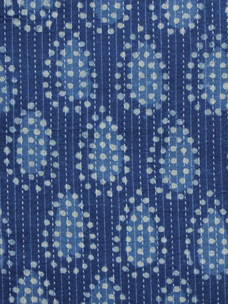 Indigo Ivory Kantha Embroidered Hand Block Printed Cotton Fabric - F004K1126