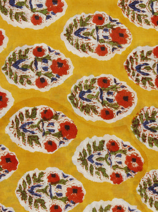 Yellow Red Green Ivory Hand Block Printed Cotton Fabric Per Meter - F001F776