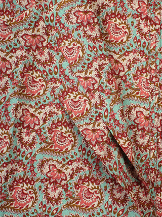 Sea Green Pink Red Block Printed Cotton Fabric Per Meter - F001F2248