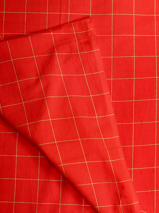 Orange Gold Checks Hand Block Printed Cotton Fabric Per Meter - F001F1997