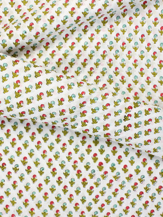 OffWhite Red Green Hand Block Printed Cotton Fabric Per Meter - F001F2346