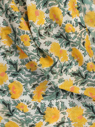 White Yellow Green Hand Block Printed Cotton Fabric Per Meter - F001F2302