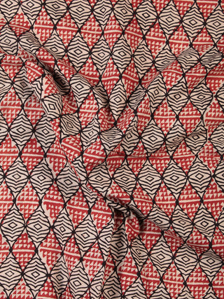 OffWhite Red Black Hand Block Printed Cotton Fabric Per Meter - F001F2446