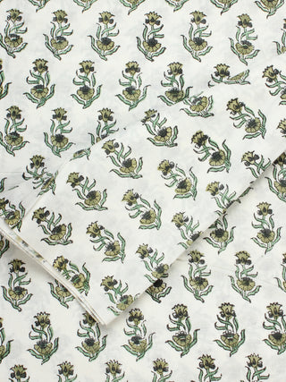 White Green Hand Block Printed Cotton Fabric Per Meter - F001F2273