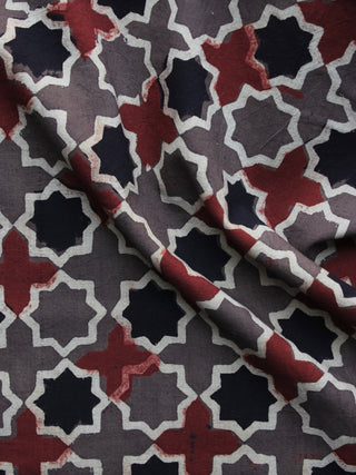 Brown Red Black Ajrakh Printed Cotton Fabric Per Meter - F003F1165