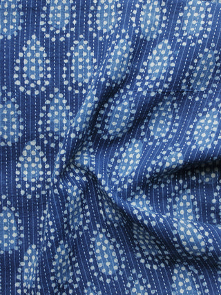 Indigo Ivory Kantha Embroidered Hand Block Printed Cotton Fabric - F004K1126