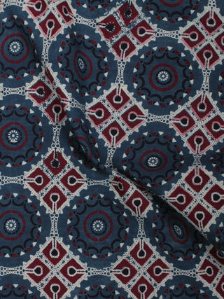 Indigo Maroon Ivory Ajrakh Block Printed Cotton Fabric Per Meter - F003F844