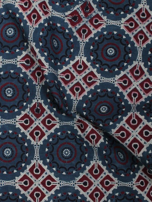 Indigo Maroon Ivory Ajrakh Block Printed Cotton Fabric Per Meter - F003F844