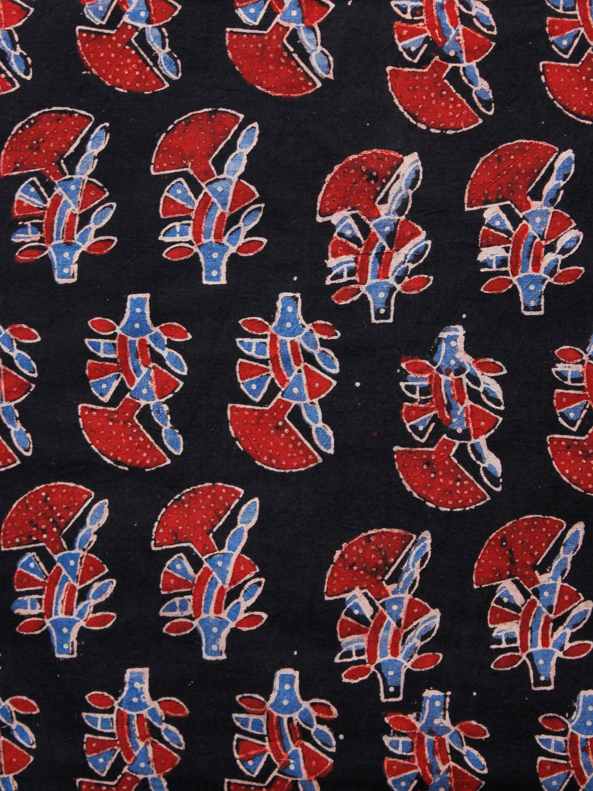 Black Red Blue Ivory Ajrakh Hand Block Printed Cotton Fabric Per Meter - F003F1665
