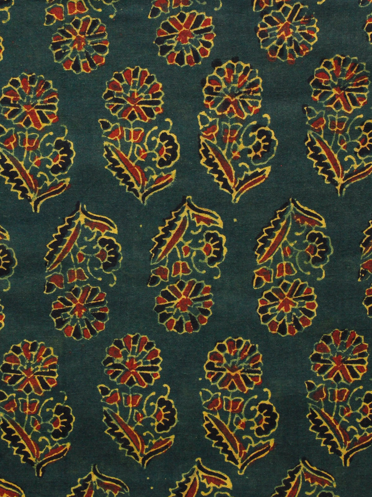 Green Yellow Maroon Black Ajrakh Hand Block Printed Cotton Fabric Per Meter - F003F1669