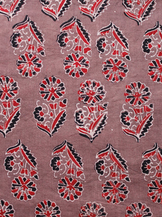 Light Brown Red Black Ivory Ajrakh Hand Block Printed Cotton Fabric Per Meter - F003F1670