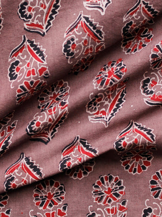 Light Brown Red Black Ivory Ajrakh Hand Block Printed Cotton Fabric Per Meter - F003F1670
