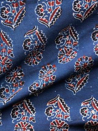 Indigo Black Maroon Ivory Ajrakh Hand Block Printed Cotton Fabric Per Meter - F003F1673