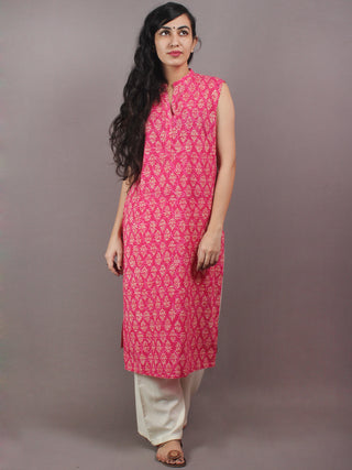 Pink Beige Hand Block Printed Sleeveless Kurti - K0313303