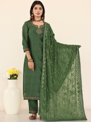 Utsav Zara Set Of Chanderi Silk Kurta Pants Dupatta