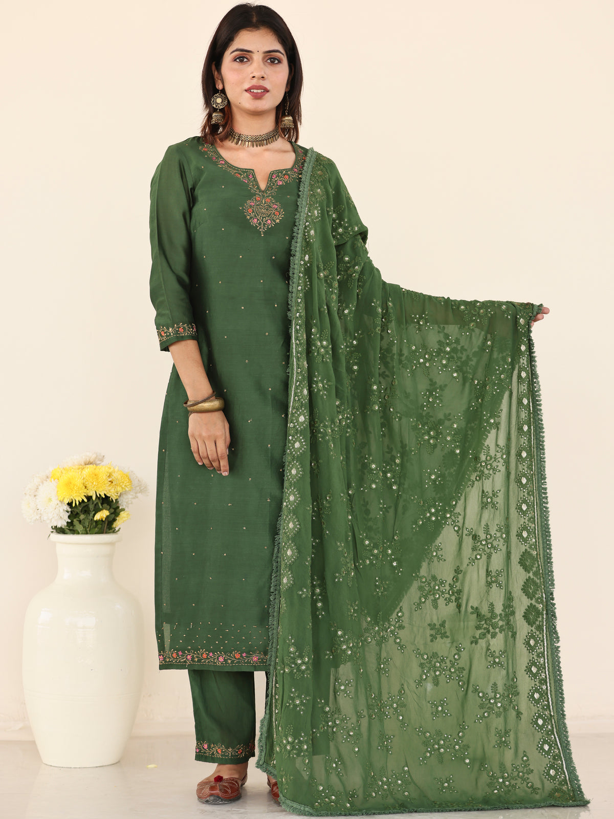 Utsav Zara Set Of Chanderi Silk Kurta Pants Dupatta