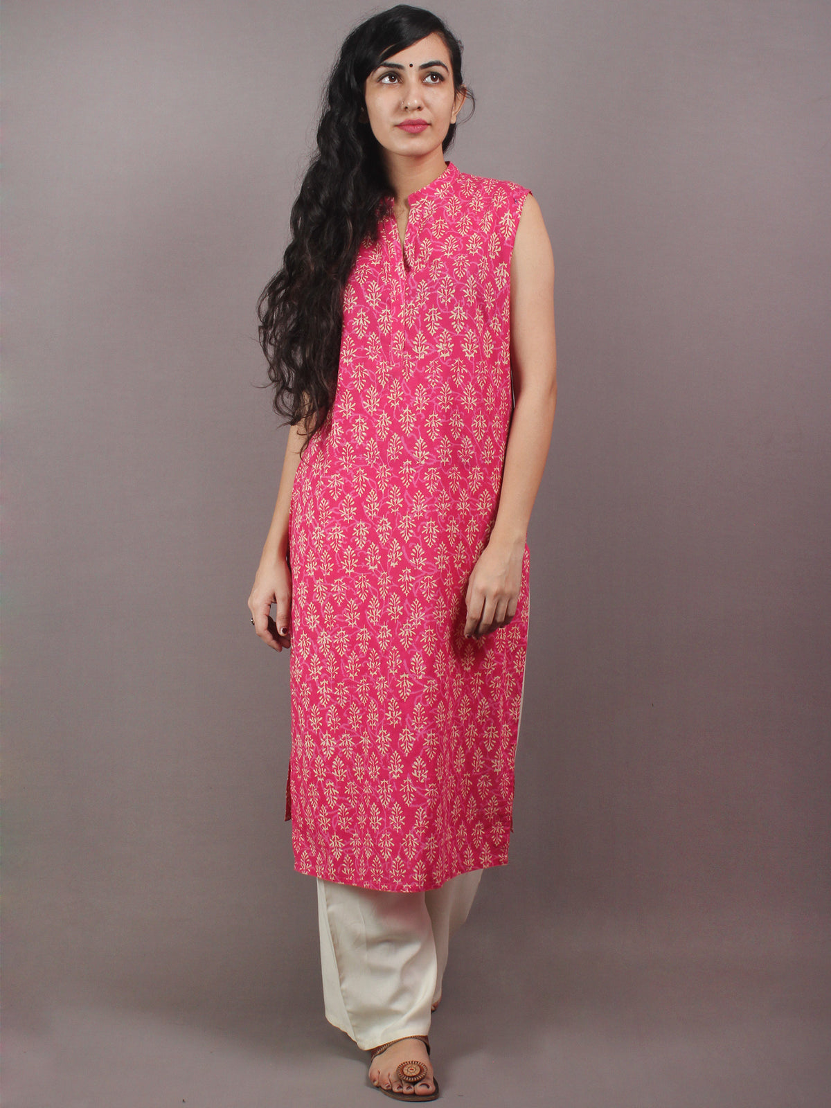 Pink Beige Hand Block Printed Sleeveless Kurti - K0313303