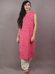 Pink Beige Hand Block Printed Sleeveless Kurti - K0313303