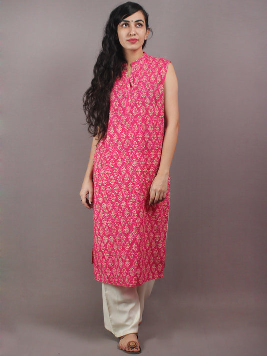 Pink Beige Hand Block Printed Sleeveless Kurti - K0313303