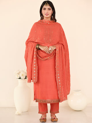 Utsav Meera Set Of Chanderi Silk Kurta Pants Dupatta