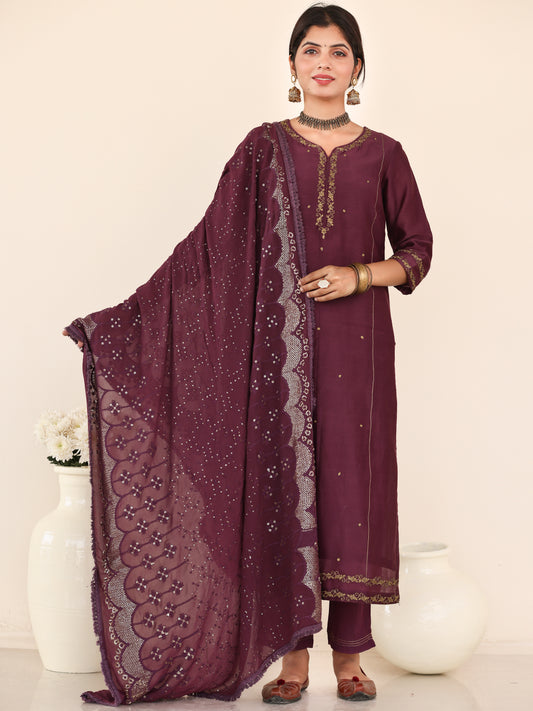 Utsav Raima Set Of Silk Kurta Pants Dupatta