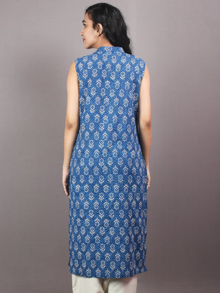 Indigo Beige Hand Block Printed Sleeveless Kurti - K0330105