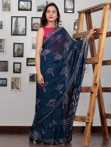 Indigo Purple Hand Block Printed Chiffon Saree with Zari Border - S031702762