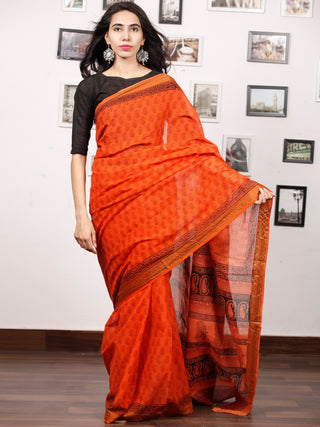 Coral Maroon Black Bagh Printed Maheshwari Cotton Saree - S031703341