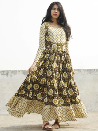 Olive Green Ivory Black Hand Blocked Cotton Long Tier Dress  - D135F1061