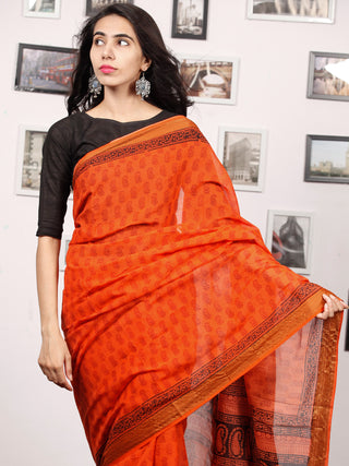 Coral Maroon Black Bagh Printed Maheshwari Cotton Saree - S031703341