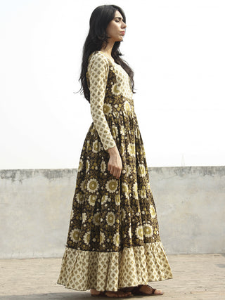 Olive Green Ivory Black Hand Blocked Cotton Long Tier Dress  - D135F1061