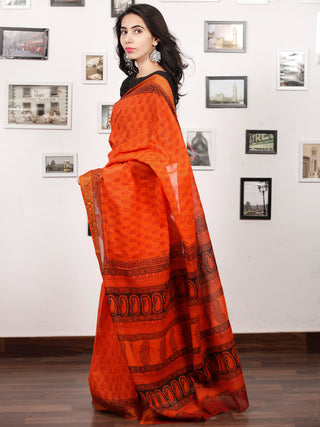 Coral Maroon Black Bagh Printed Maheshwari Cotton Saree - S031703341