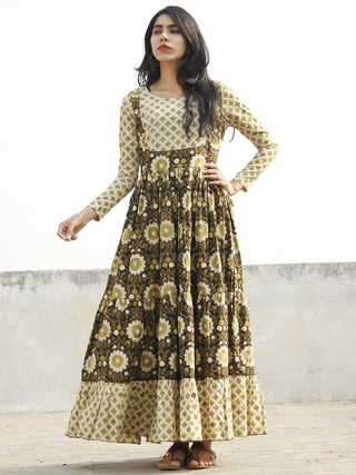 Olive Green Ivory Black Hand Blocked Cotton Long Tier Dress  - D135F1061