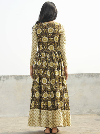 Olive Green Ivory Black Hand Blocked Cotton Long Tier Dress  - D135F1061
