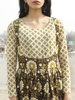 Olive Green Ivory Black Hand Blocked Cotton Long Tier Dress  - D135F1061