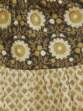 Olive Green Ivory Black Hand Blocked Cotton Long Tier Dress  - D135F1061