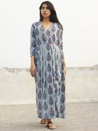 Indigo Ivory Maroon Hand Block Long Cotton Angrakha Dress With Knife Pleats  - D145F1002