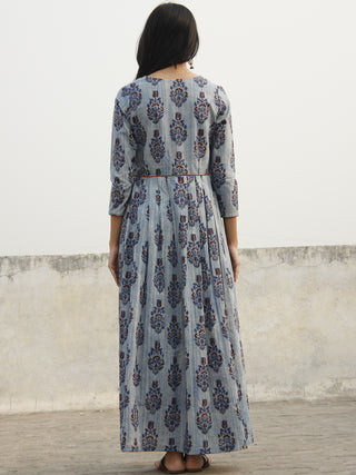 Indigo Ivory Maroon Hand Block Long Cotton Angrakha Dress With Knife Pleats  - D145F1002