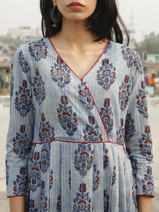 Indigo Ivory Maroon Hand Block Long Cotton Angrakha Dress With Knife Pleats  - D145F1002