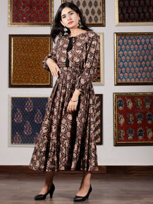Black Brown Beige Hand Block Printed Cotton Dress With Tassels - D227F1329