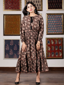 Black Brown Beige Hand Block Printed Cotton Dress With Tassels - D227F1329
