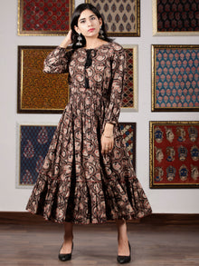 Black Brown Beige Hand Block Printed Cotton Dress With Tassels - D227F1329