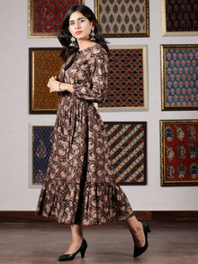 Black Brown Beige Hand Block Printed Cotton Dress With Tassels - D227F1329